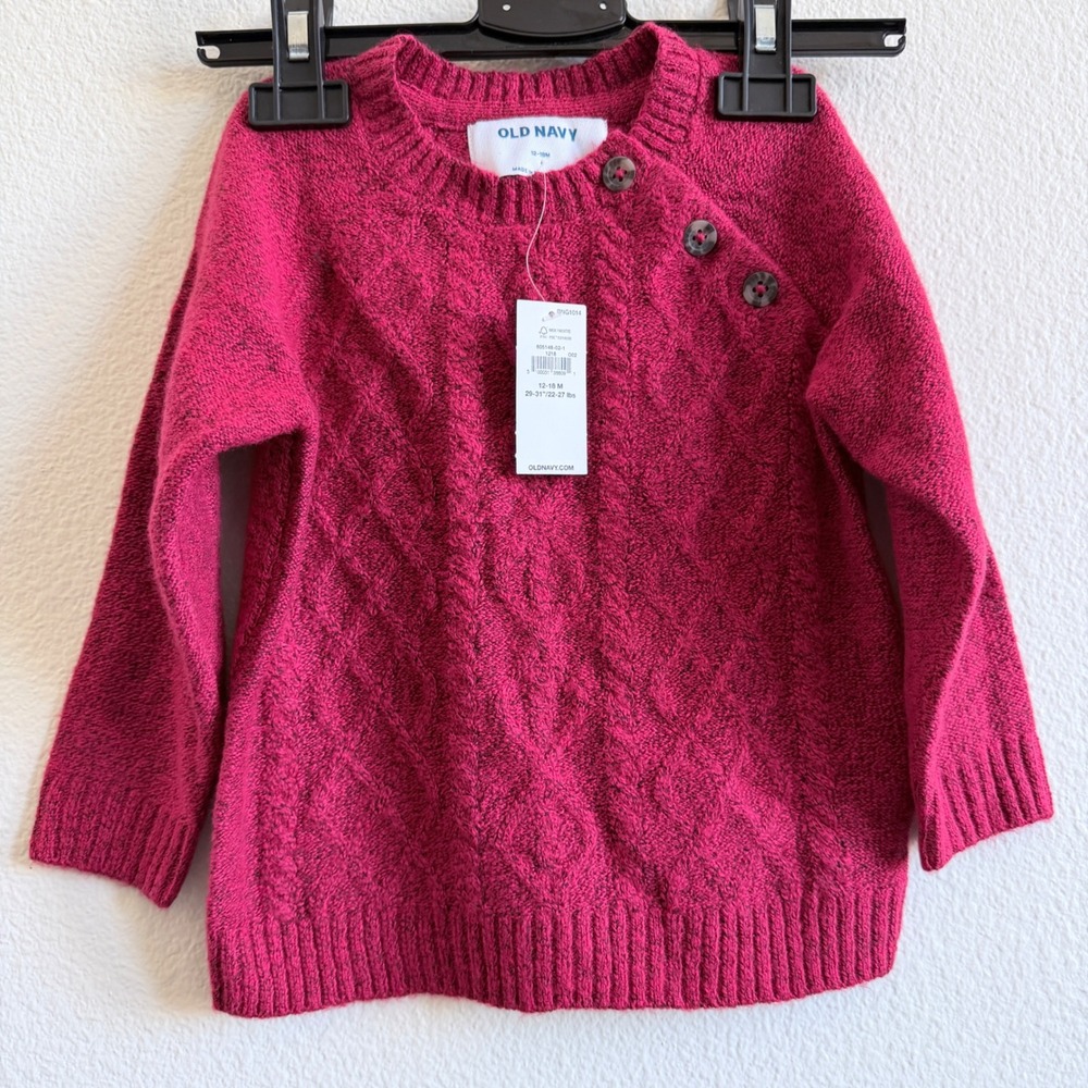 Old Navy Kids Magenta Pink Marl Cable Knit Button Shoulder Sweater 12-18M NEW
